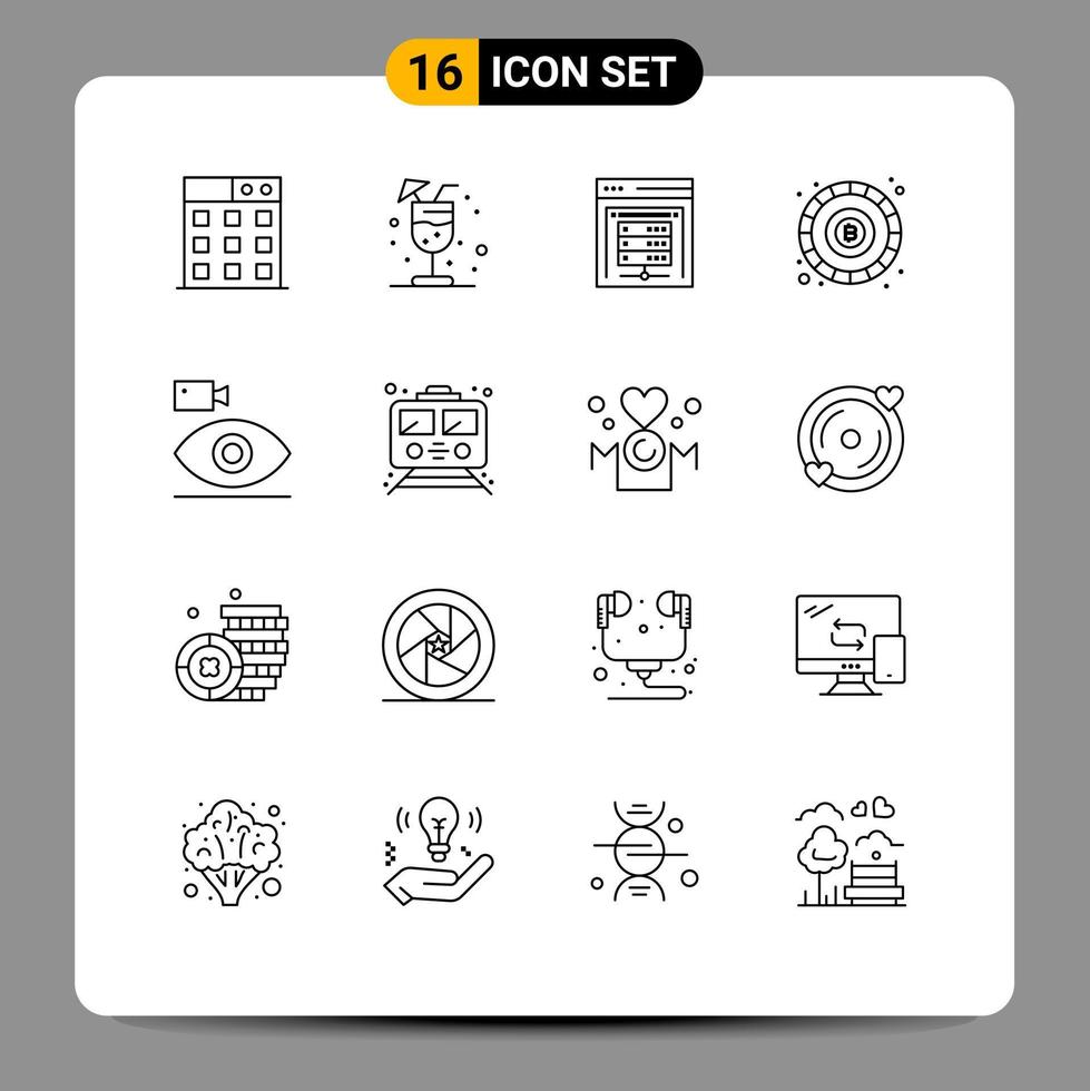 Mobile Interface Outline Set of 16 Pictograms of media camera data server camcorder token Editable Vector Design Elements