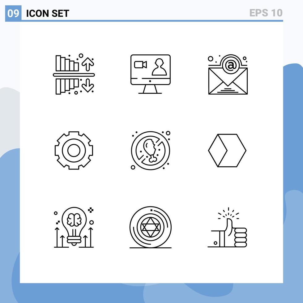 paquete de 9 signos y símbolos de esquemas modernos para medios de impresión web, como configuración de correo electrónico universal dietético, elementos generales de diseño de vectores editables