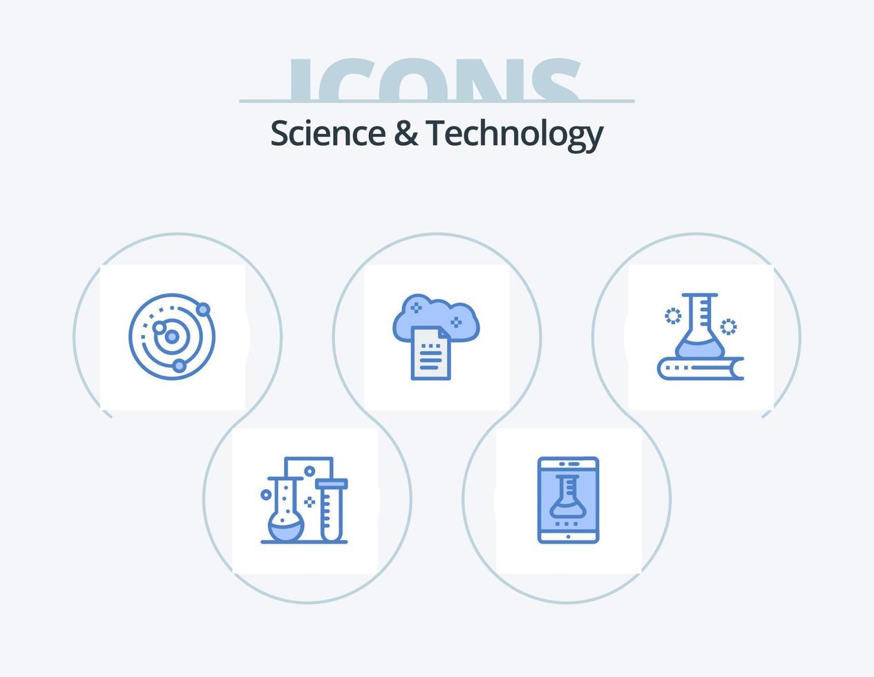 Science And Technology Blue Icon Pack 5 Icon Design. file storage. cloud reporting. smart lab. sphere. planets orbiting vector
