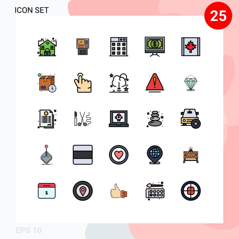 Mobile Interface Filled line Flat Color Set of 25 Pictograms of finance bank dispenser technology business Editable Vector Design Elements