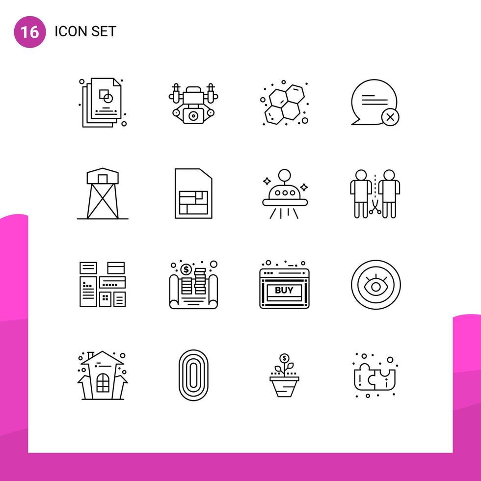 Mobile Interface Outline Set of 16 Pictograms of tower historic chemistry defense cross Editable Vector Design Elements