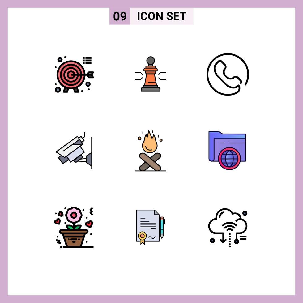 grupo de 9 signos y símbolos de colores planos de línea rellena para elementos de diseño de vectores editables de llamada de cámara de juego cctv de vigilancia