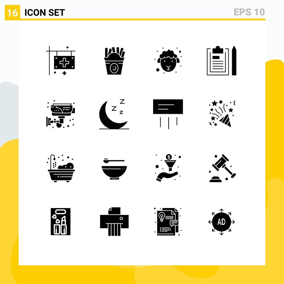Mobile Interface Solid Glyph Set of 16 Pictograms of plan file usa document sheep Editable Vector Design Elements