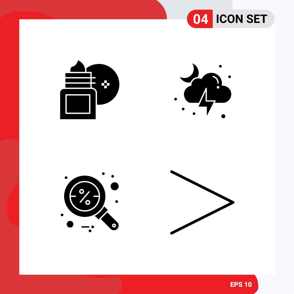 conjunto de 4 iconos de interfaz de usuario modernos símbolos signos para loción corporal descuento humectante lupa relámpago elementos de diseño vectorial editables vector