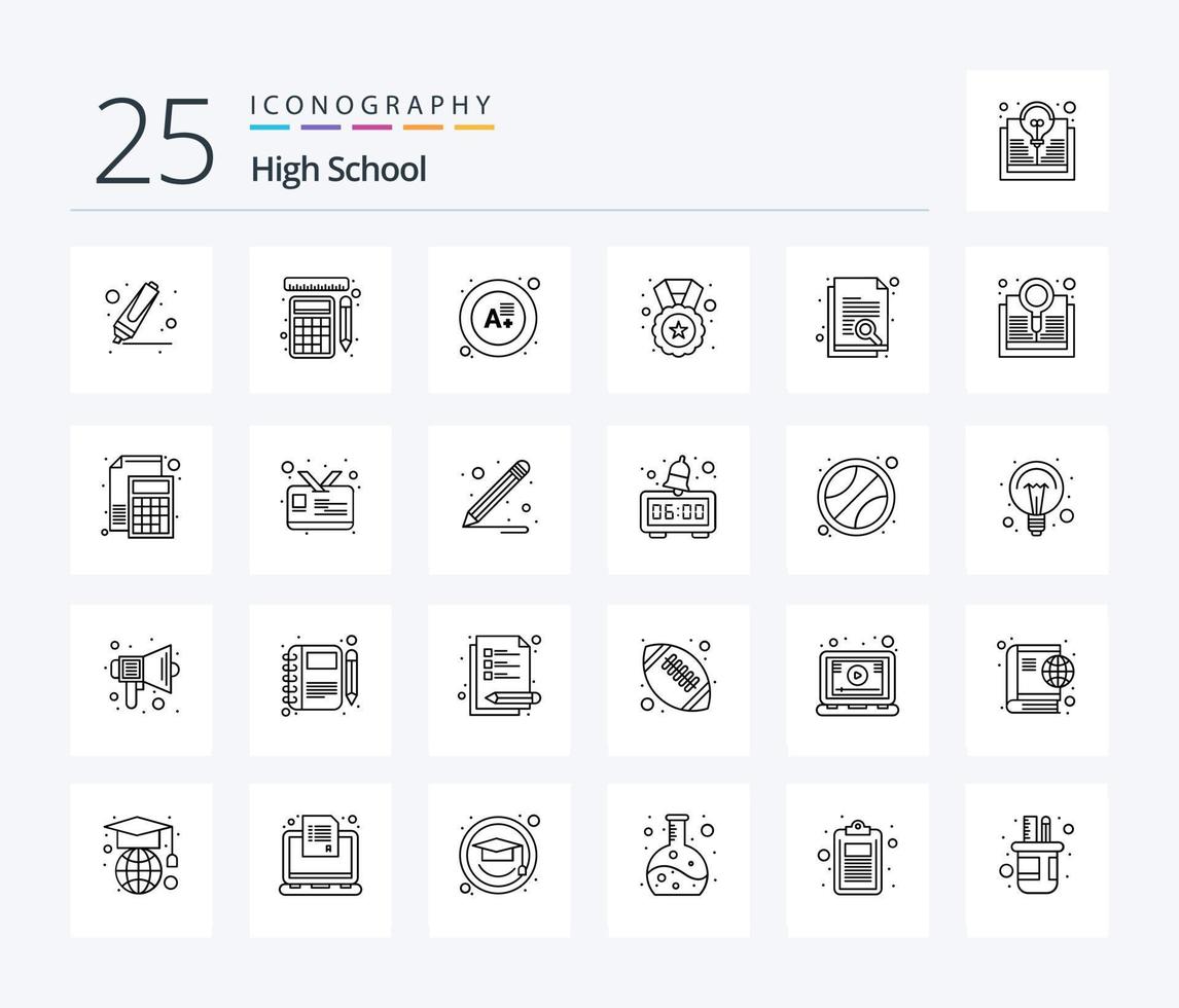 High School 25 Line icon pack including search. paper. grade. document. star vector