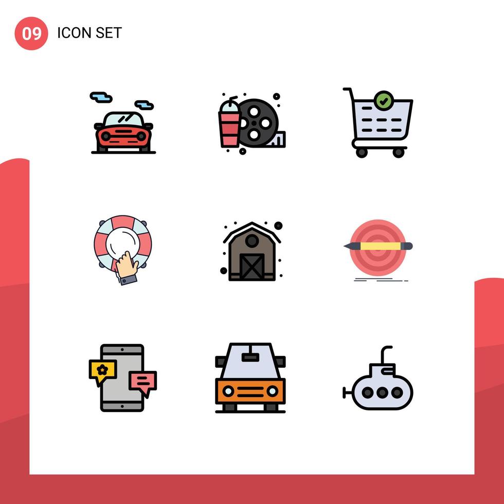 9 Thematic Vector Filledline Flat Colors and Editable Symbols of barn lifebuoy buy insurance guard Editable Vector Design Elements