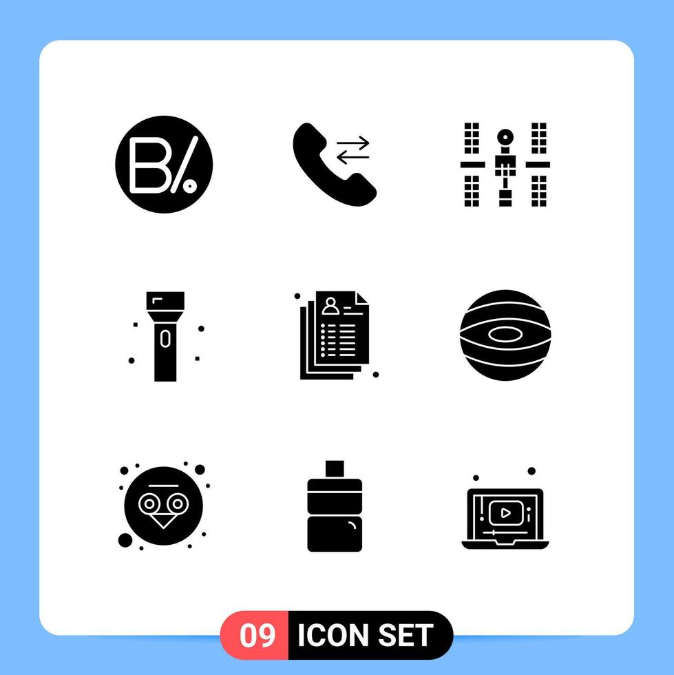 Group of 9 Modern Solid Glyphs Set for care products orbital flashlight devices Editable Vector Design Elements