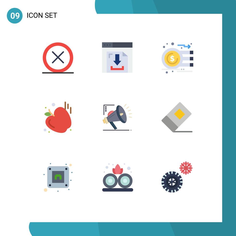 Paquete de 9 colores planos de interfaz de usuario de signos y símbolos modernos de marketing de gráficos de gimnasio multimedia de alimentos elementos de diseño vectorial editables vector