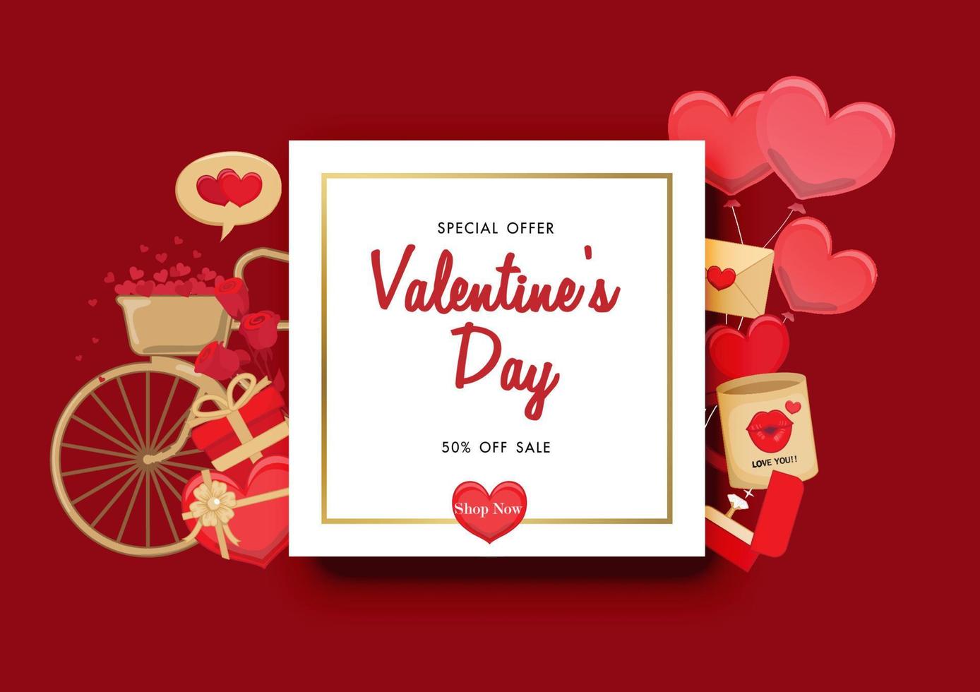 Valentine day sale on red background with valentine elements vector