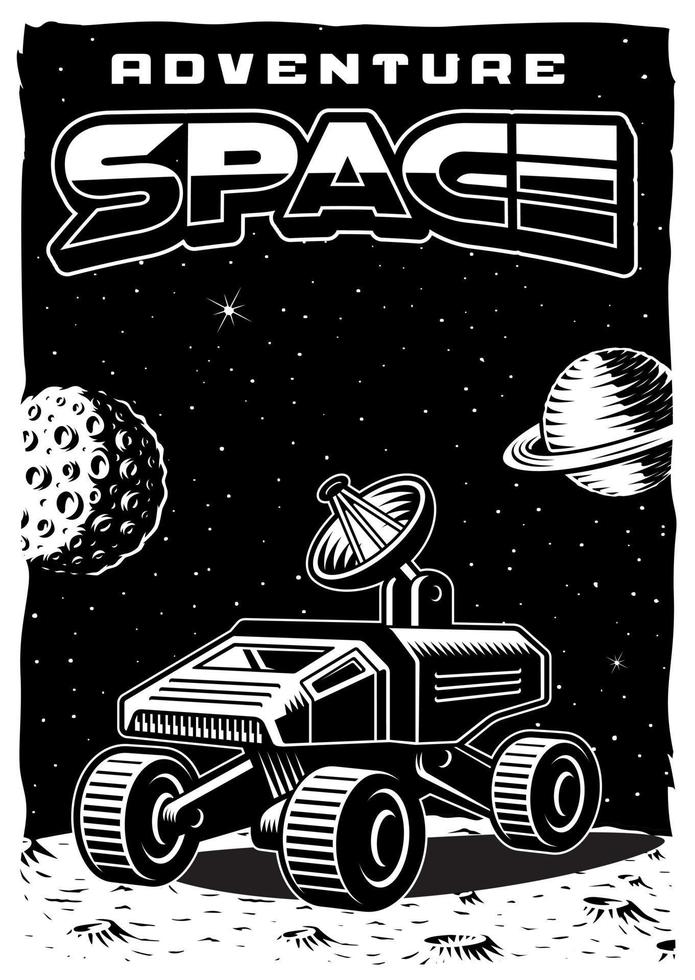 Space poster in vintage style with space rover illustration. vector