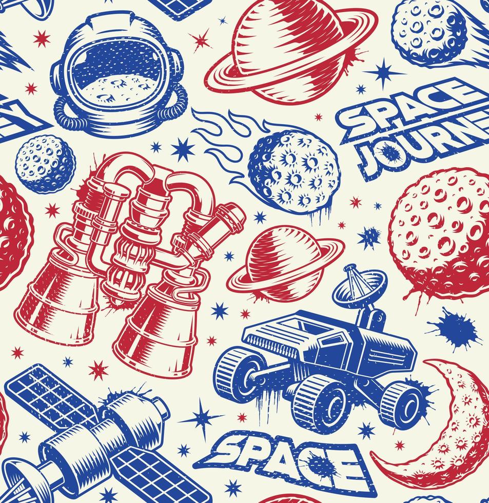 Space seamless pattern in vintage style with design elements such as space rover vector