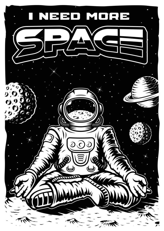 afiche de temática espacial vintage con astronauta de meditación de ilustración en una luna. vector