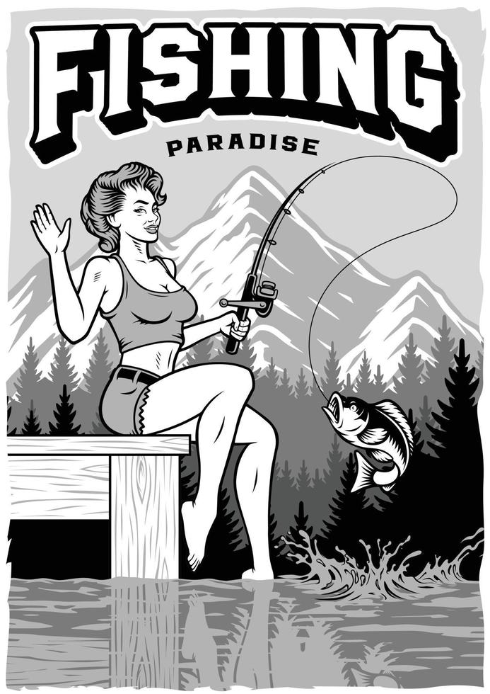 Monochrome vintage fishing poster with a pin up girl vector