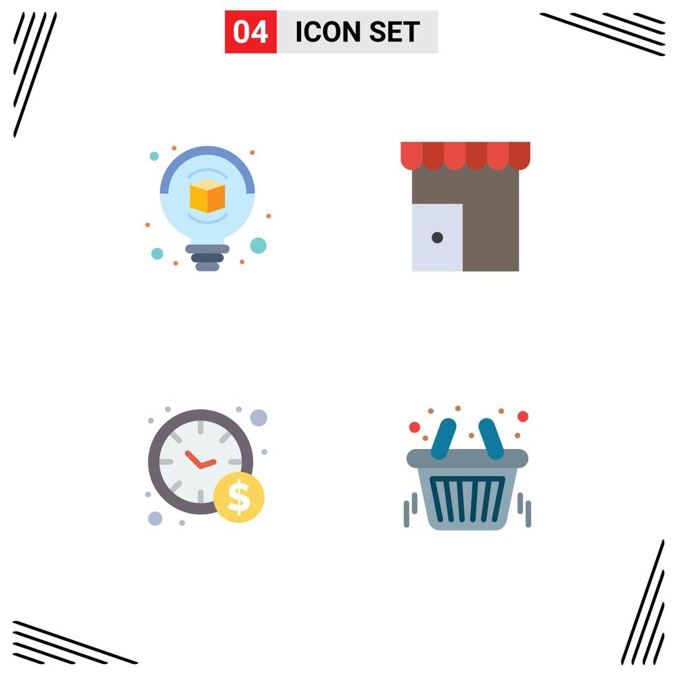 4 User Interface Flat Icon Pack of modern Signs and Symbols of bulb time management building shop basket Editable Vector Design Elements