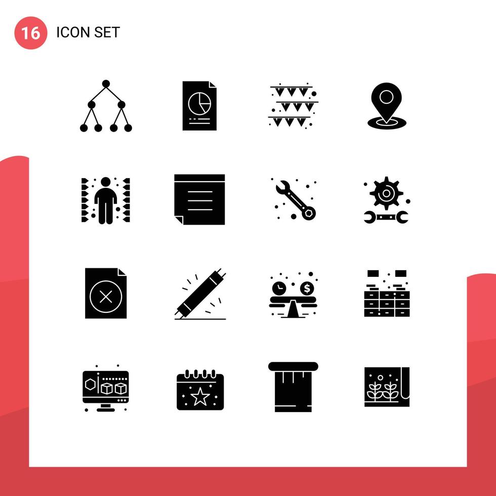 Set of 16 Commercial Solid Glyphs pack for maze challenge festival location map Editable Vector Design Elements