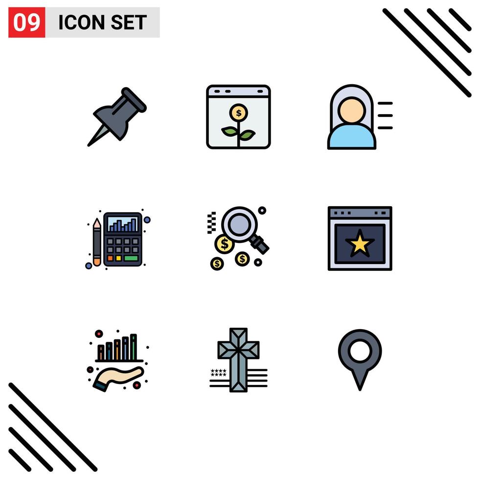 conjunto de 9 iconos modernos de la interfaz de usuario signos de símbolos para encontrar elementos de diseño vectorial editables de calculadora de finanzas de chica dólar vector