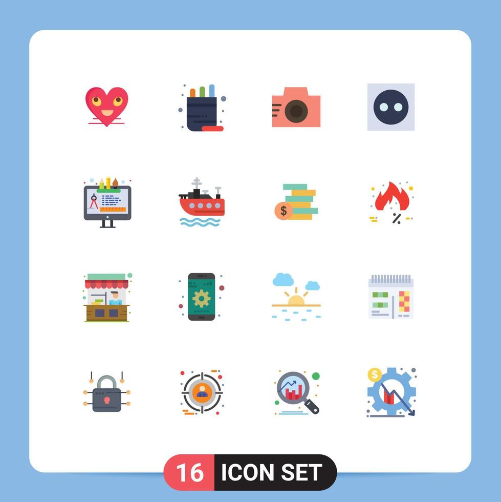 Pack of 16 Modern Flat Colors Signs and Symbols for Web Print Media such as plug electricity pencil appliances picture Editable Pack of Creative Vector Design Elements