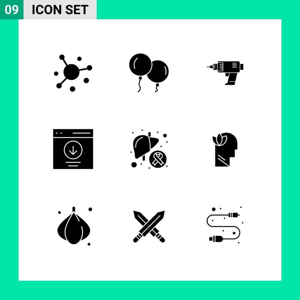 Solid Glyph Pack of 9 Universal Symbols of cancer message power interface communication Editable Vector Design Elements