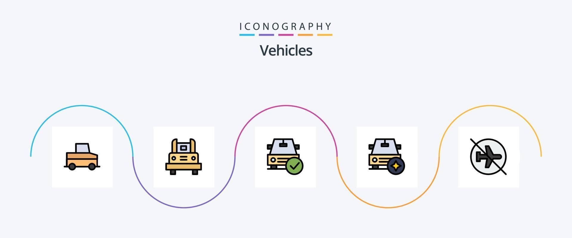 la línea de vehículos llenó el paquete de iconos planos 5 que incluye el aeropuerto. estrella. auto. importante. OK vector