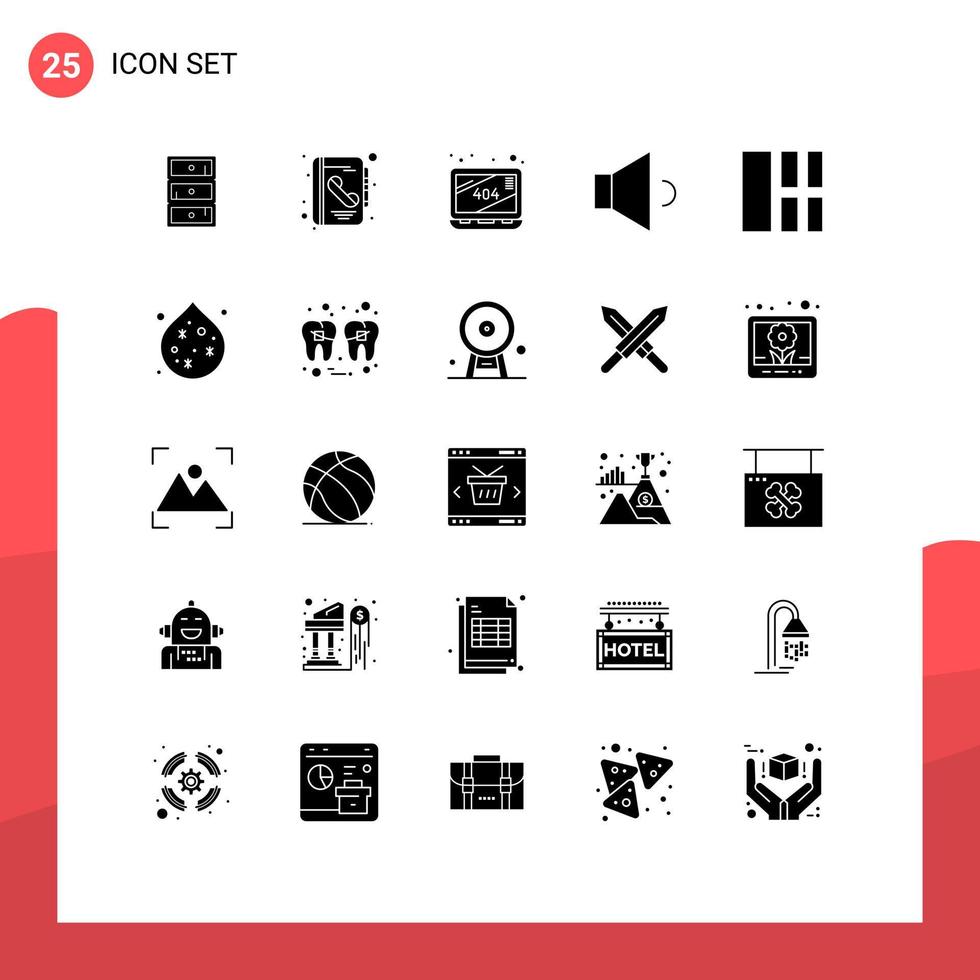 paquete de 25 signos y símbolos de glifos sólidos modernos para medios de impresión web, como elementos de diseño vectorial editables de altavoz de collage de error de imagen de diseño vector