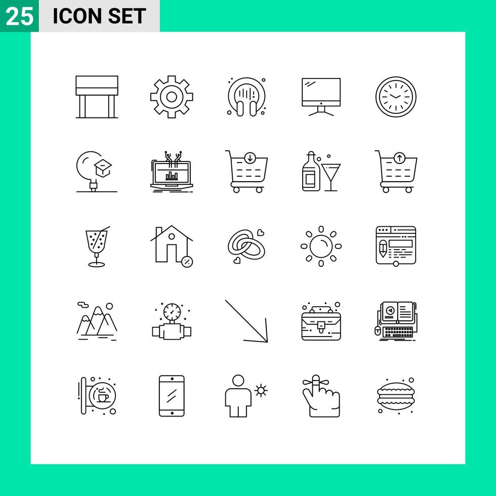 Mobile Interface Line Set of 25 Pictograms of knowledge time computer wall pc Editable Vector Design Elements