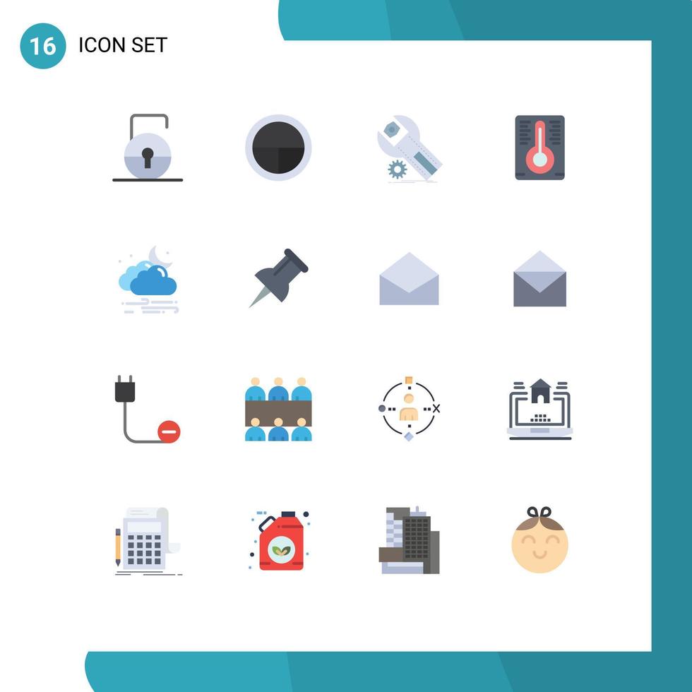 grupo de 16 signos y símbolos de colores planos para configuraciones de clima ventoso servicio de medición de temperatura paquete editable de elementos creativos de diseño de vectores