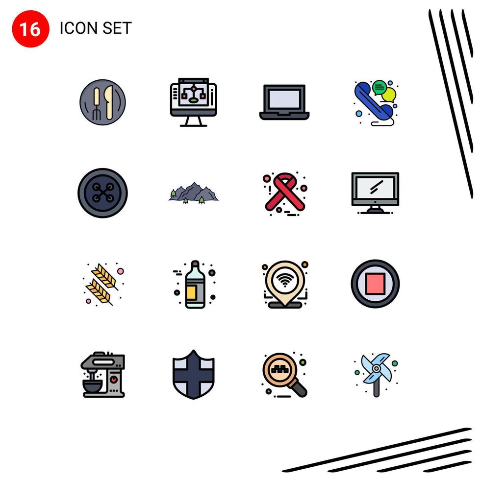 16 Universal Flat Color Filled Lines Set for Web and Mobile Applications fastener button device telephone line Editable Creative Vector Design Elements