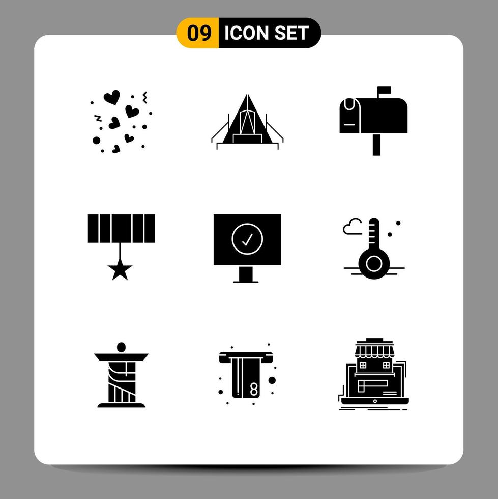 Pictogram Set of 9 Simple Solid Glyphs of antivirus badge campsite award postbox Editable Vector Design Elements