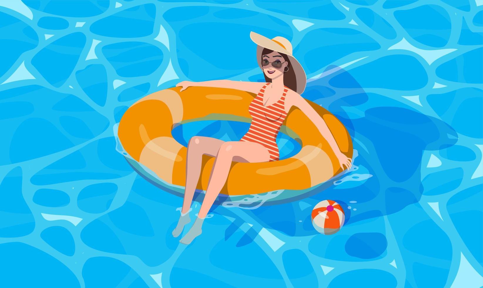 The girl bathes. Floats on an inflatable ring. Vector. vector