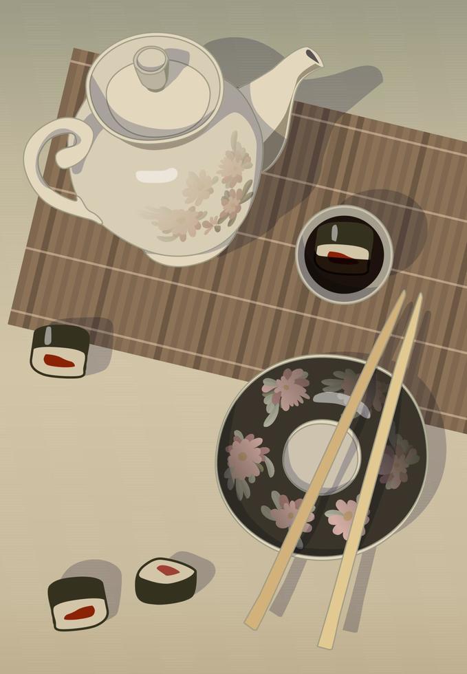 Still life with sushi, soy sauce and a Chinese teapot. Vector. vector