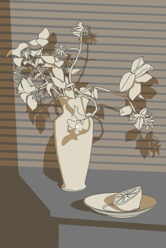 Black and white still life of flowers and a slice of lemon. Vector. vector