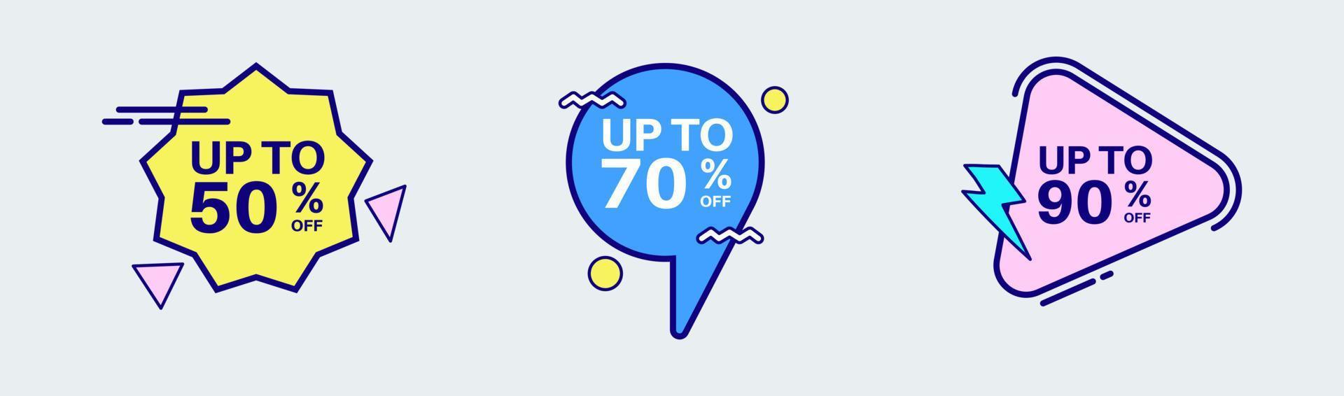Discount label sticker in retro design style. Sticker with 50, 70, 90, percent off special price. vector