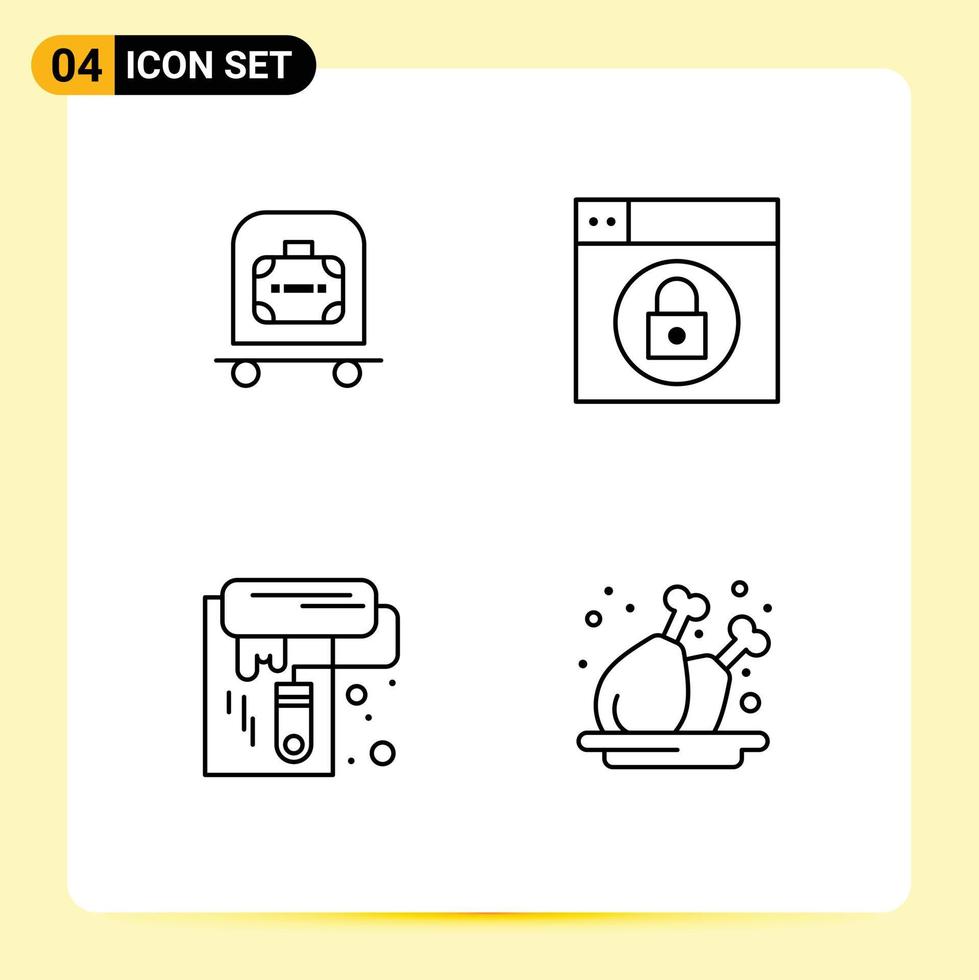 Stock Vector Icon Pack of 4 Line Signs and Symbols for hotel roller bag lock chicken Editable Vector Design Elements