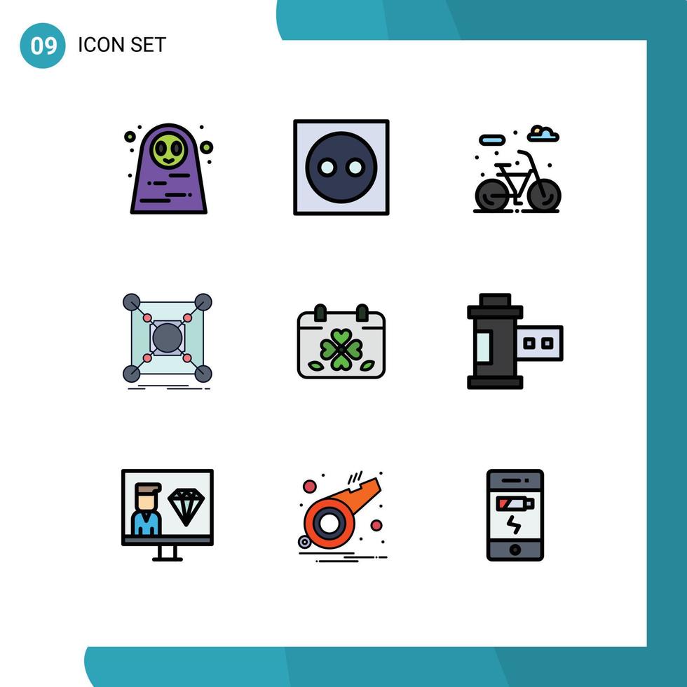 Pack of 9 Modern Filledline Flat Colors Signs and Symbols for Web Print Media such as calendar data plug connection base Editable Vector Design Elements