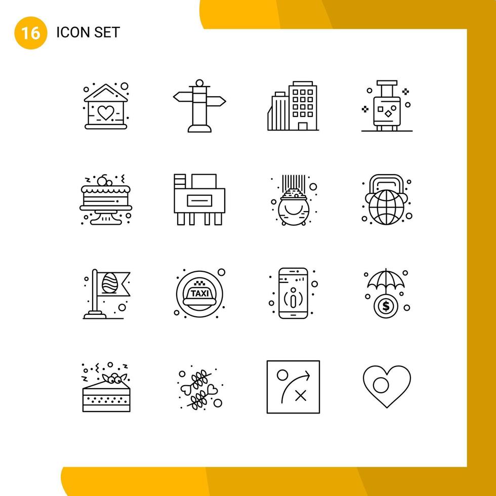 16 Universal Outlines Set for Web and Mobile Applications cake summer hotel suitcase holiday Editable Vector Design Elements