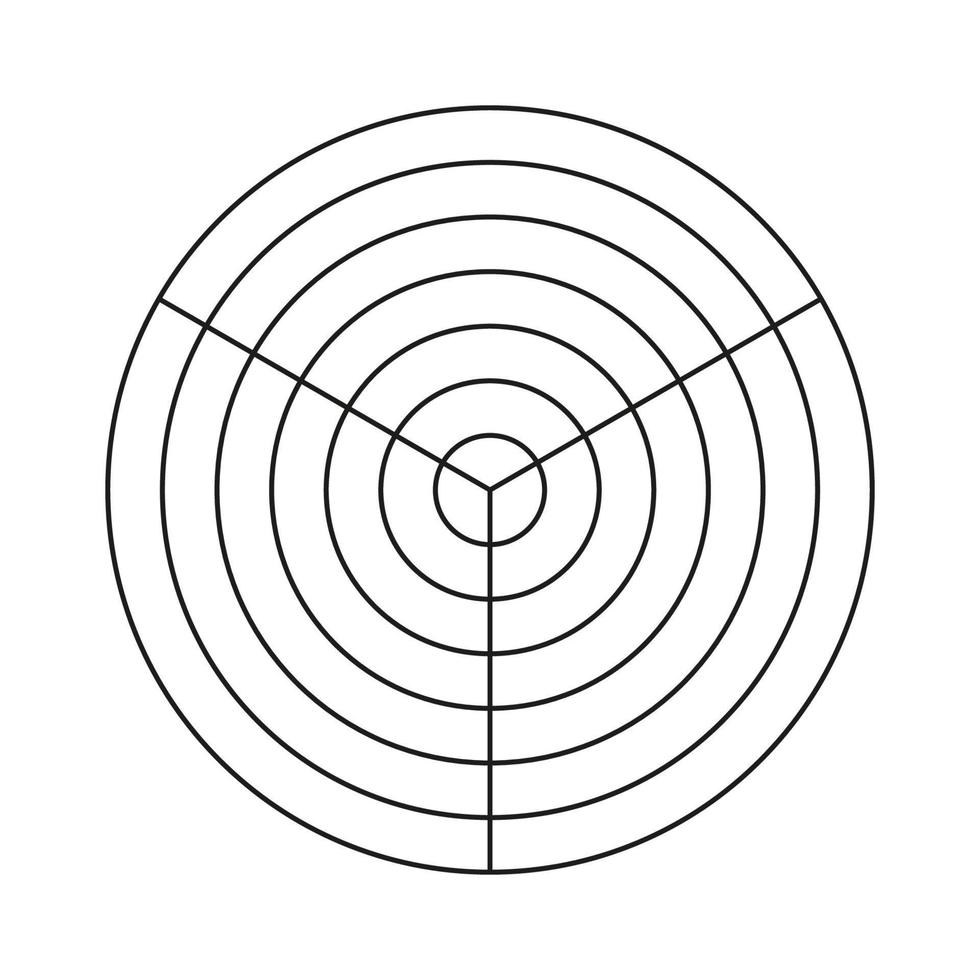 Polar grid of 3 segments and 6 concentric circles. Circle diagram of lifestyle balance. Wheel of life template. vector