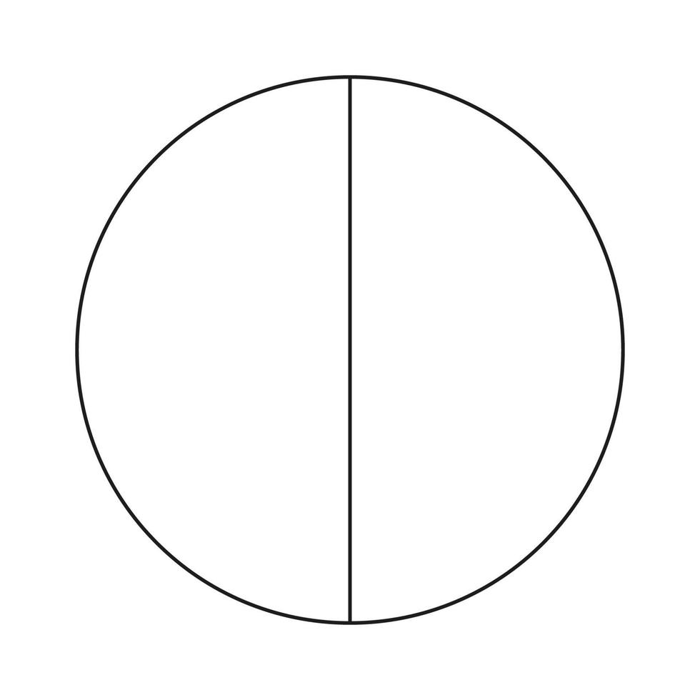 Circle divided in 2 segments. Pizza or pie round shape cut in equal slices. Outline style. Simple chart. vector