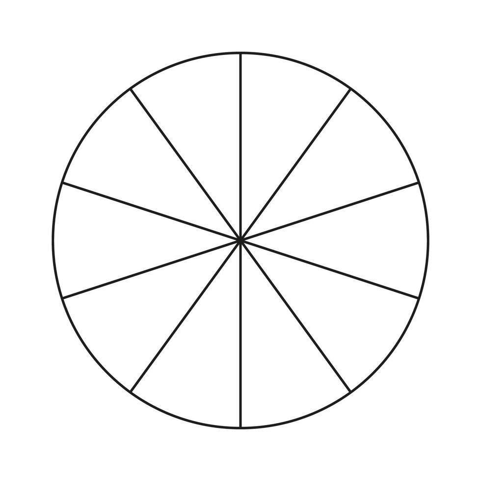 Circle divided in 10 segments. Pizza or pie round shape cut in equal slices. Outline style. Simple chart. vector