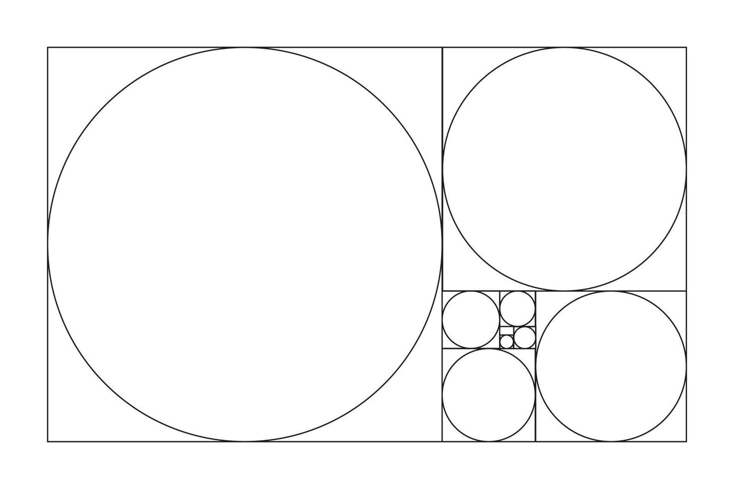 plantilla de proporción áurea. divina, proporción áurea. método sección dorada. matriz de fibonacci, números. proporciones de armonía. marco rectangular cuadrados fraccionados. círculos de proporción áurea. vector