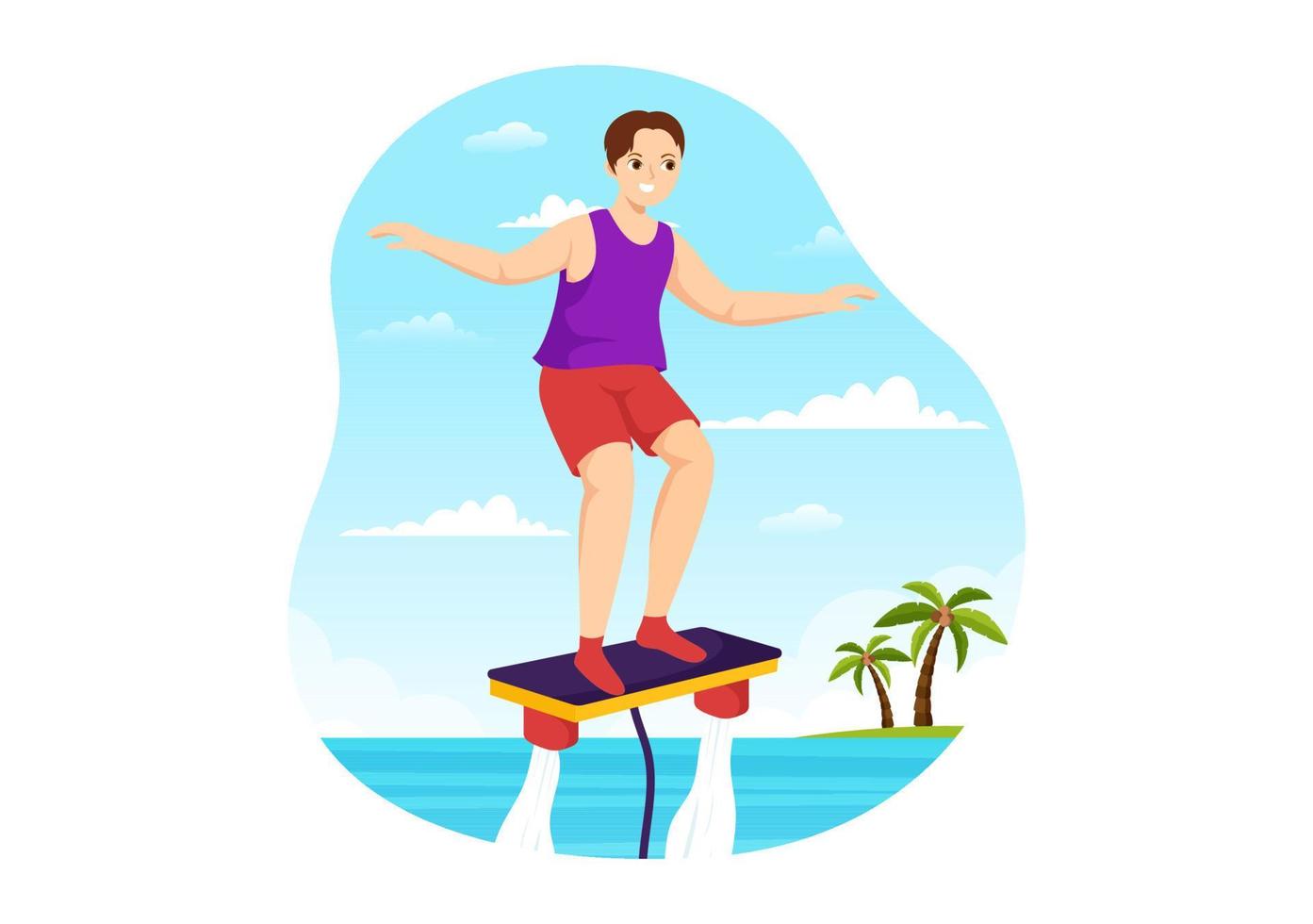 Flyboard Illustration with People Riding Jet Pack in Summer Beach Vacations in Flat Extreme Water Sport Activity Cartoon Hand Drawn Templates vector