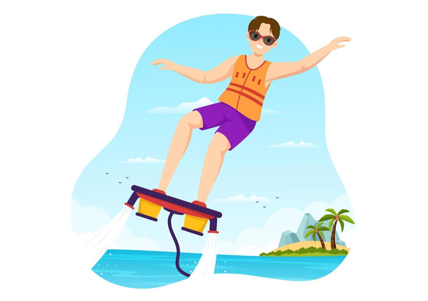 Flyboard Illustration with People Riding Jet Pack in Summer Beach Vacations in Flat Extreme Water Sport Activity Cartoon Hand Drawn Templates vector