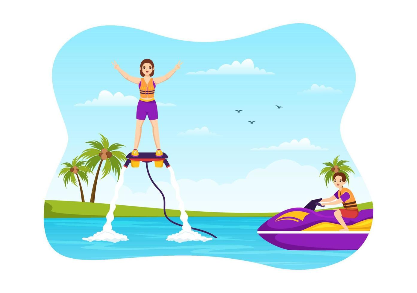 ilustración de flyboard con personas montando jet pack en vacaciones de verano en la playa en plantillas dibujadas a mano de dibujos animados de actividades deportivas acuáticas extremas planas vector