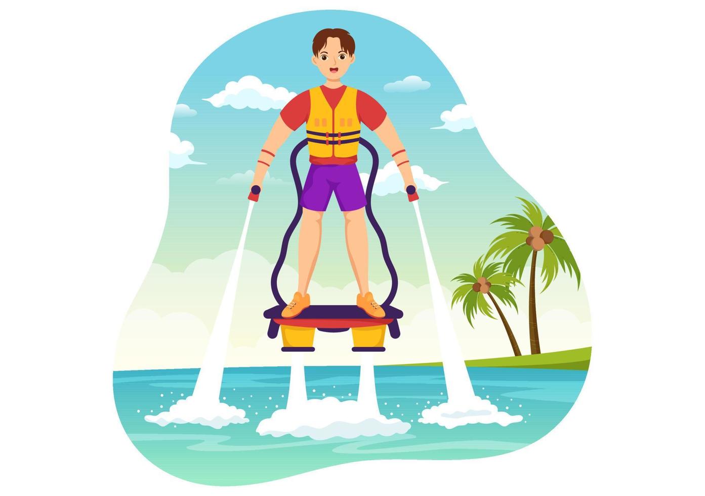 ilustración de flyboard con personas montando jet pack en vacaciones de verano en la playa en plantillas dibujadas a mano de dibujos animados de actividades deportivas acuáticas extremas planas vector