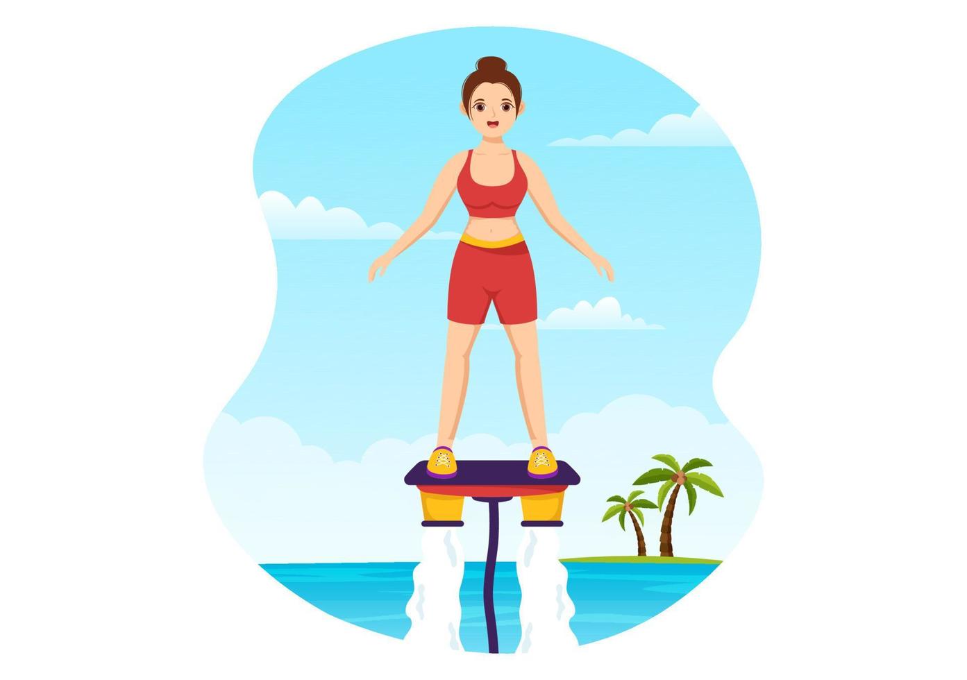 ilustración de flyboard con personas montando jet pack en vacaciones de verano en la playa en plantillas dibujadas a mano de dibujos animados de actividades deportivas acuáticas extremas planas vector