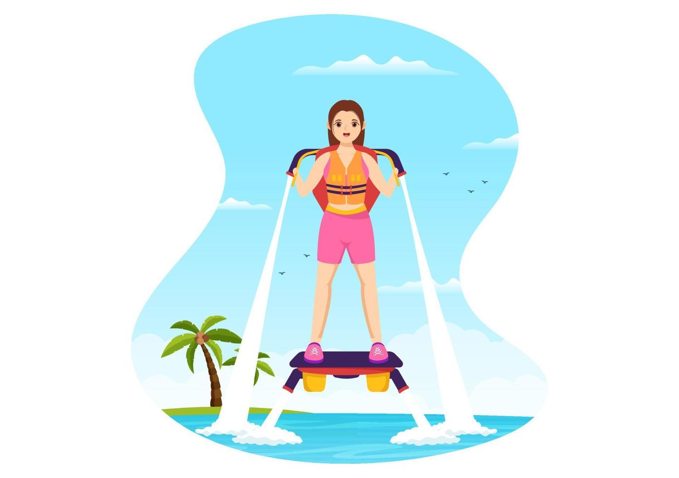 ilustración de flyboard con personas montando jet pack en vacaciones de verano en la playa en plantillas dibujadas a mano de dibujos animados de actividades deportivas acuáticas extremas planas vector