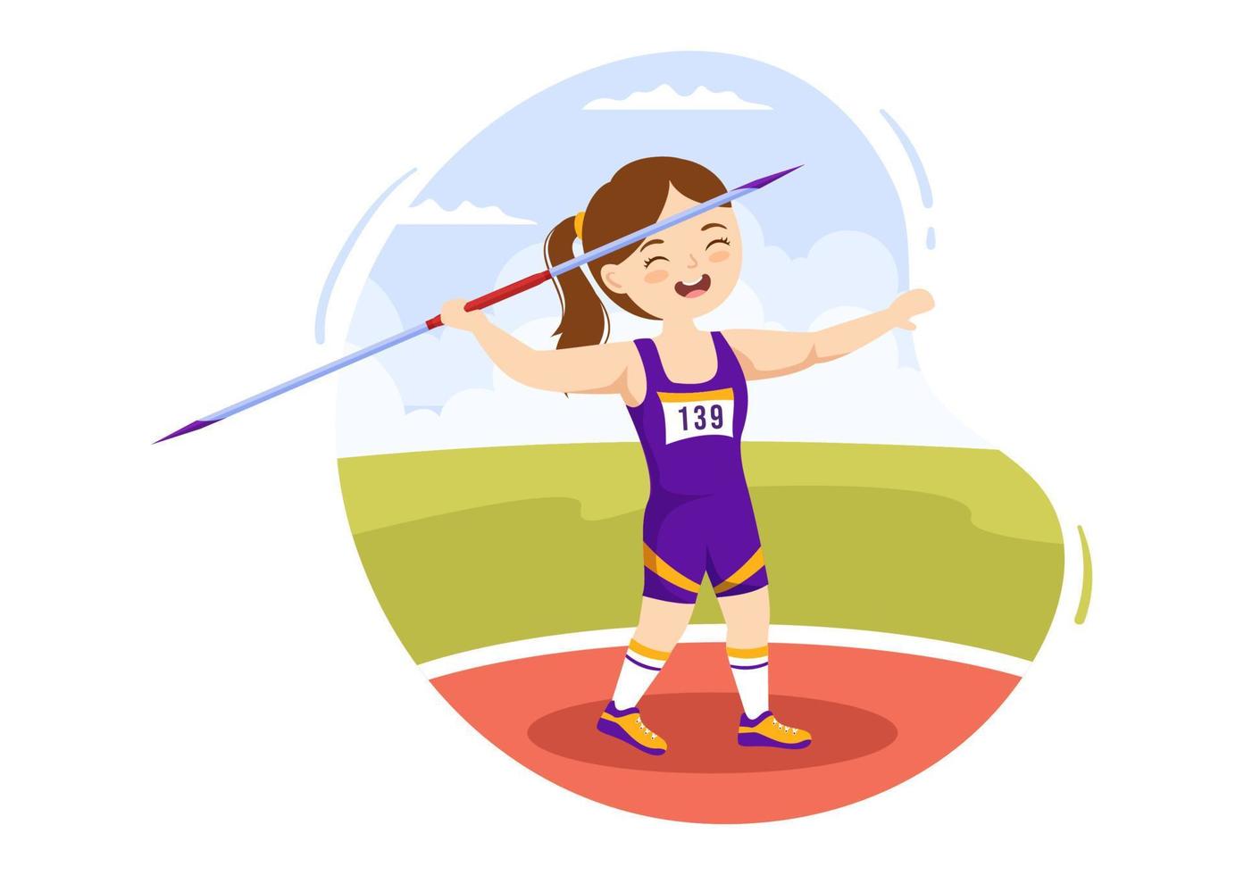 ilustración de atleta de niños de lanzamiento de jabalina usando una herramienta en forma de lanza larga para lanzar una plantilla dibujada a mano de dibujos animados planos de actividad deportiva vector