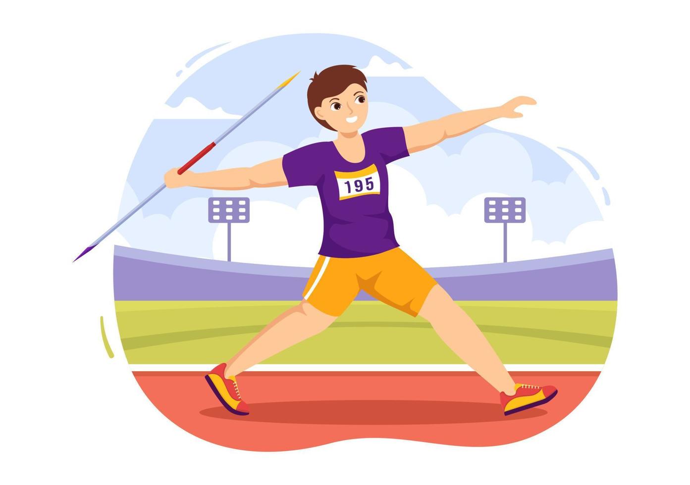ilustración de atleta de lanzamiento de jabalina usando una herramienta en forma de lanza larga para lanzar una plantilla dibujada a mano de dibujos animados planos de actividad deportiva vector