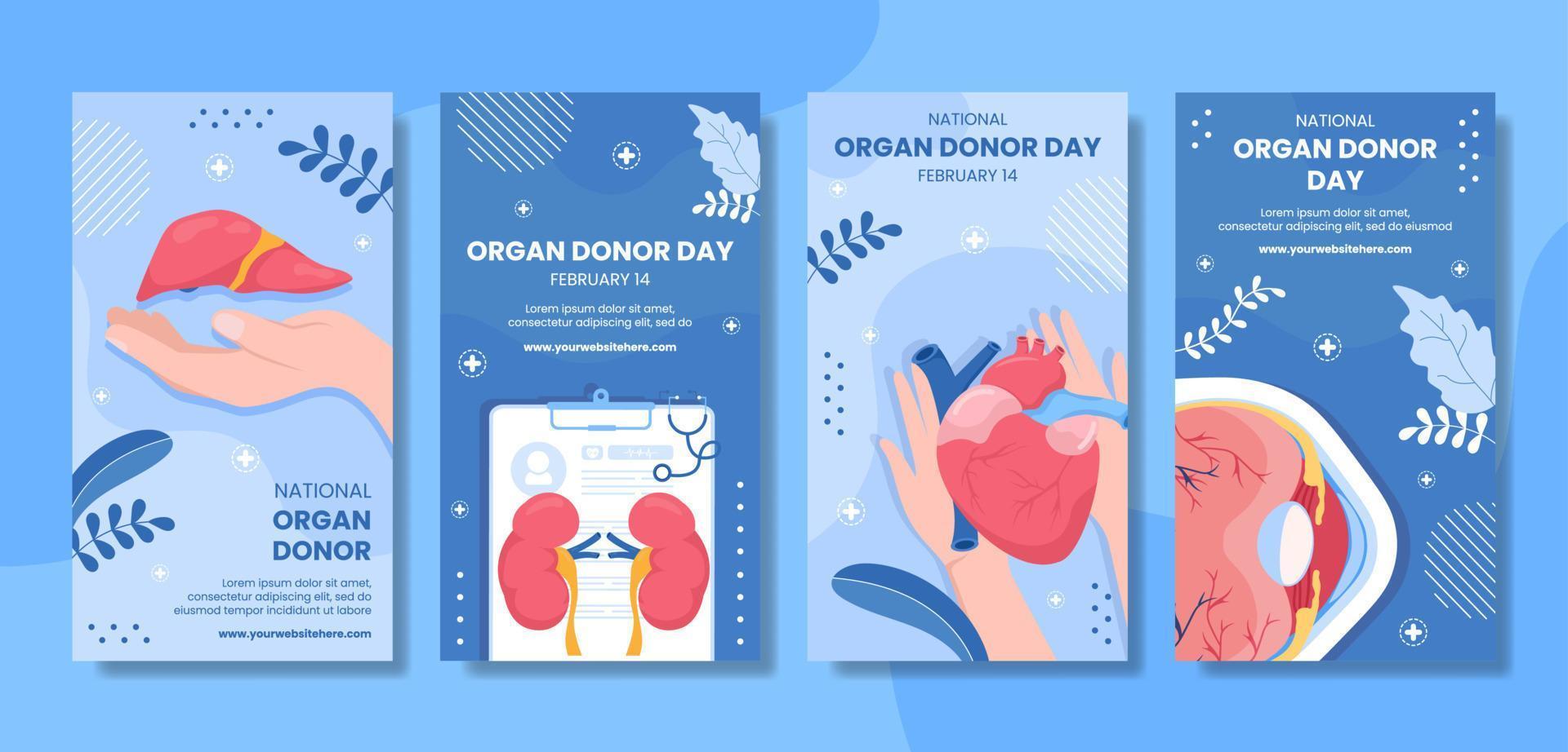 día mundial de la donación de órganos historias de redes sociales ilustración de plantillas de fondo dibujadas a mano de dibujos animados planos vector