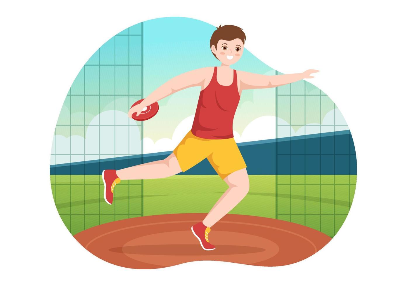 lanzamiento de disco jugando ilustración de atletismo con lanzar un plato de madera en plantillas dibujadas a mano de dibujos animados planos de campeonato deportivo vector