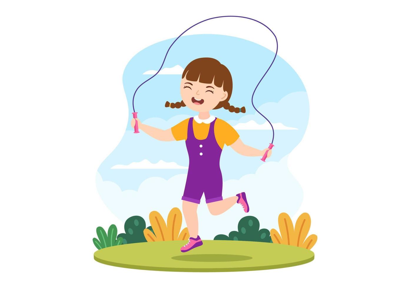 ilustración de saltar la cuerda con niños jugando saltando ropa deportiva en actividades deportivas de fitness en interiores plantillas dibujadas a mano de dibujos animados planos vector